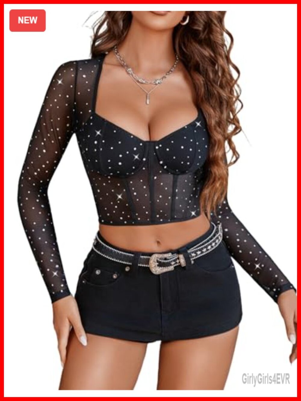 Mesh Long Sleeve Crop Top Square Neck Sequin Sheer Blouse Y2K Party